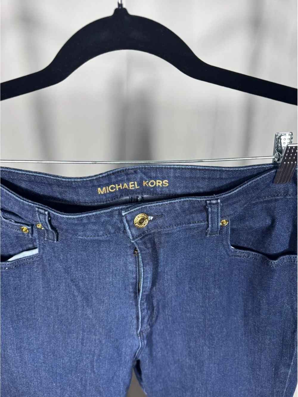 Michael Kors Women's Dark Blue Flared Jeans with Gold Button Details Size 12